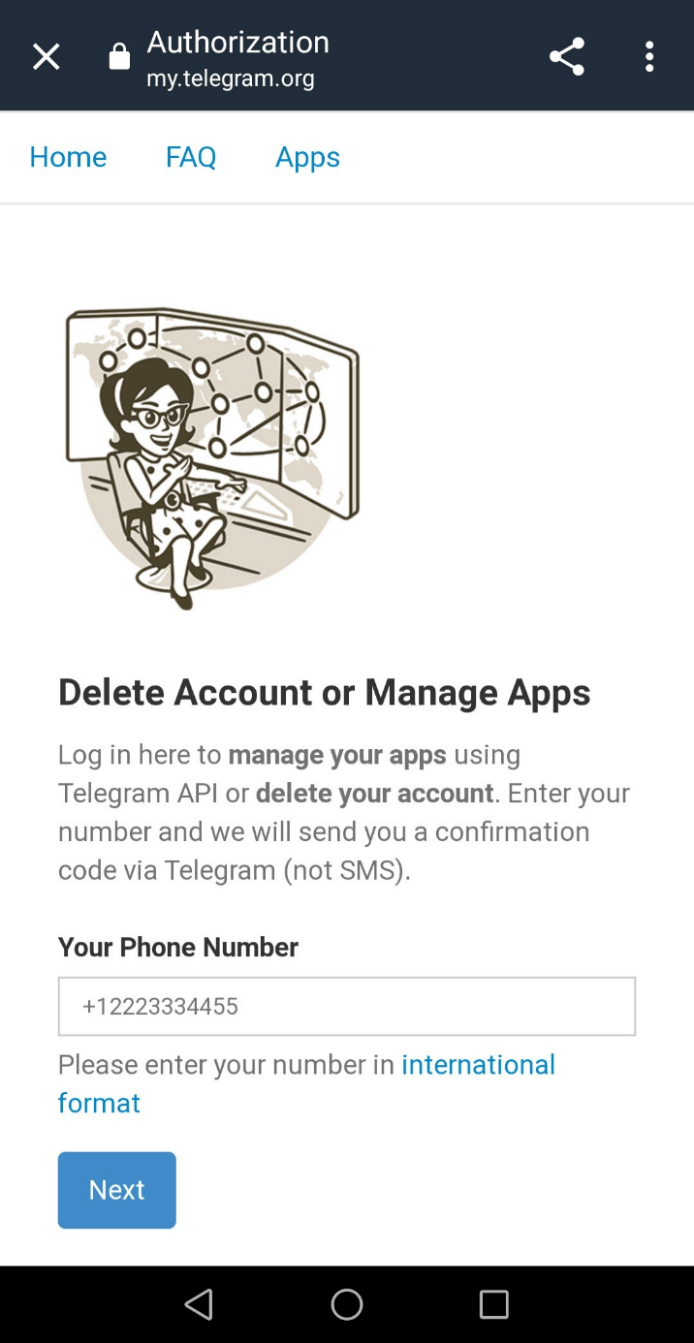 Page de Telegram pour supprimer votre compte