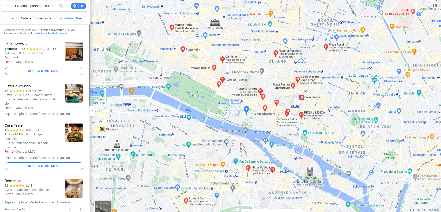 Page de résultats Google pour la requête “pizzeria à proximité du Louvre”