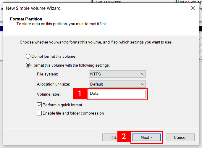 Assistant de création d’un volume avec l’option « Formater une partition »