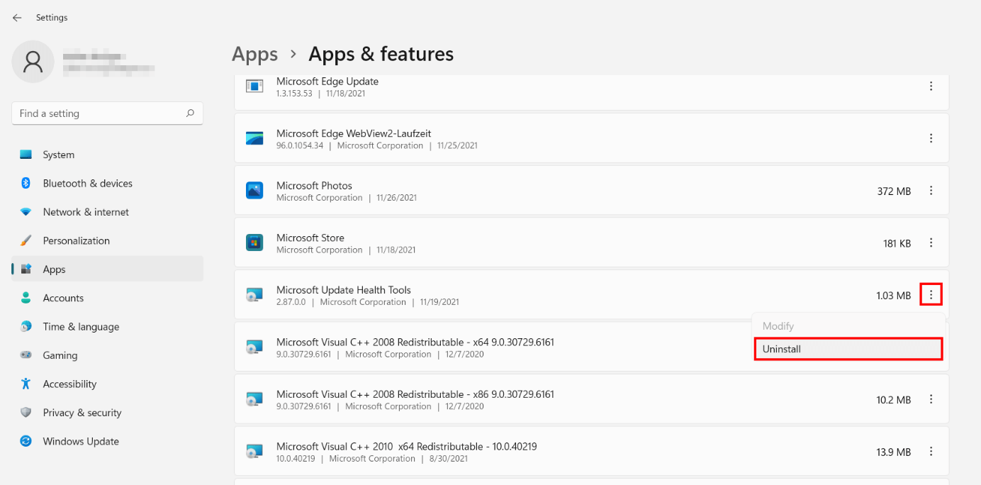 Windows 11 : Menu « Applications & fonctionnalités » avec la liste des programmes installés