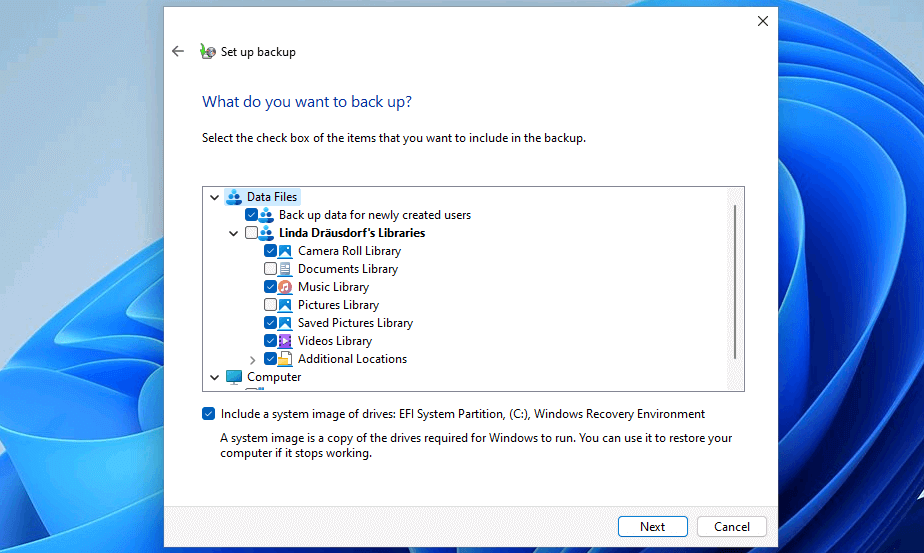 Backup dans Windows 11 : sélection des fichiers à sauvegarder