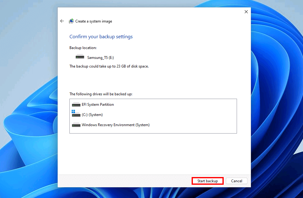 Commencer le backup sur Windows 11