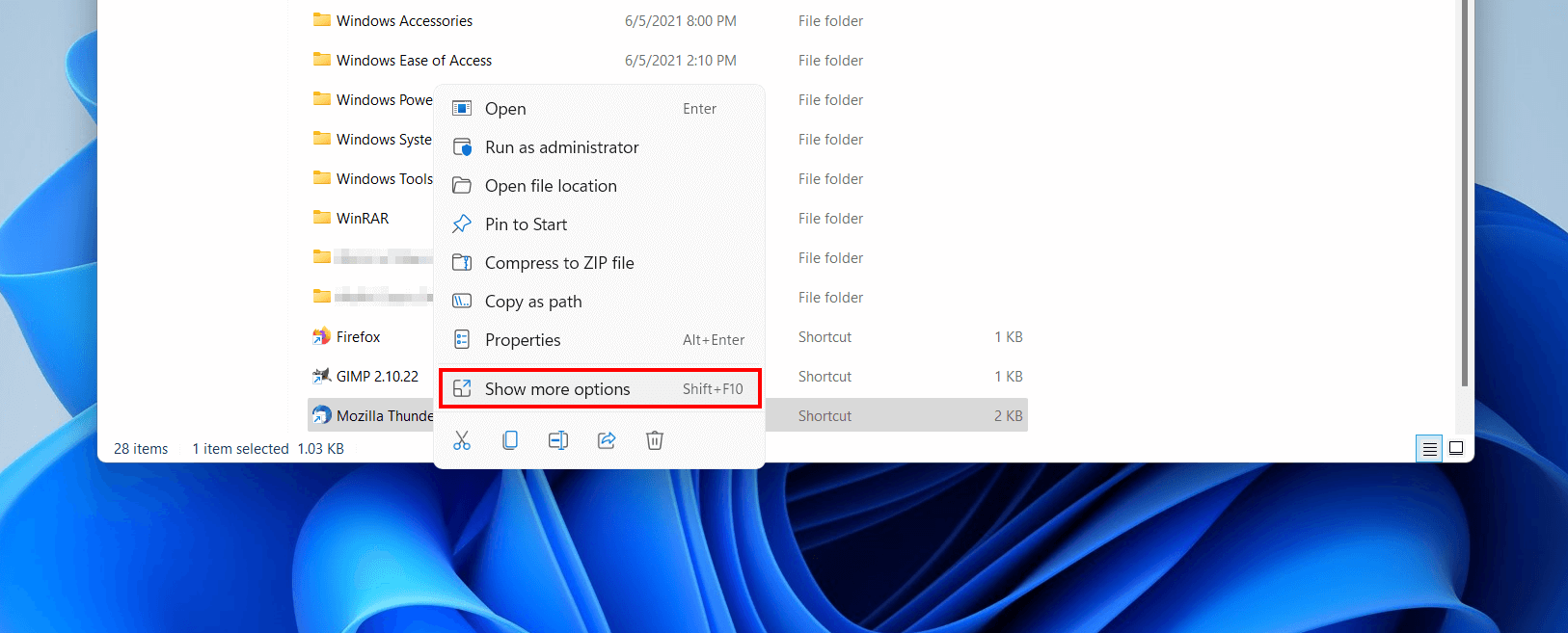Windows 11 : menu contextuel du fichier