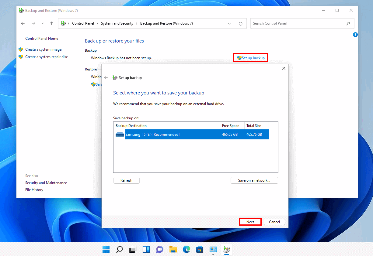 Windows 11 : « Configurer la sauvegarde »