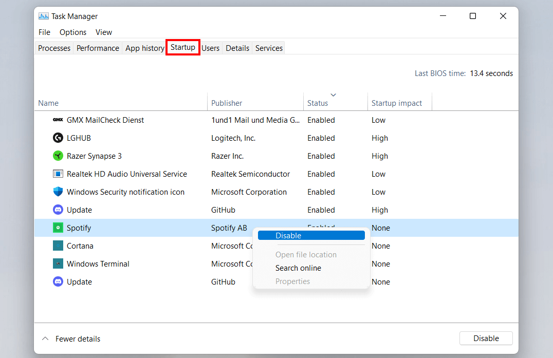 Gestionnaire des tâches de Windows 11 avec l’onglet « Démarrage automatique »