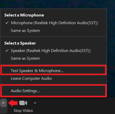 Cliquez sur la flèche à côté de l’icône du microphone pour ouvrir les paramètres audio