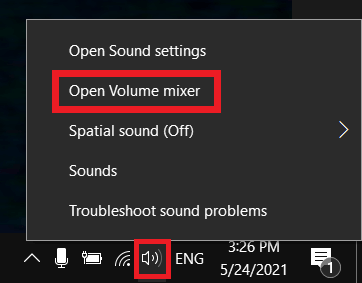 Sur Windows 10, cliquez avec le bouton droit de la souris sur le haut-parleur pour ouvrir les paramètres et allez dans « Ouvrir le mélangeur de volume »