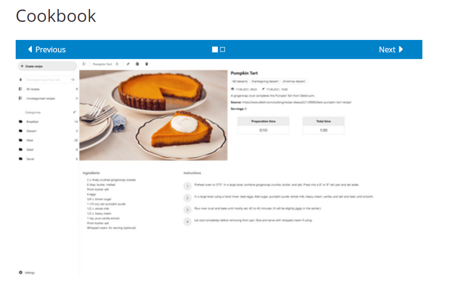 Capture d’écran de l’application Cookbook sur le site Web de Nextcloud