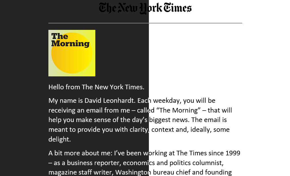 Newsletter du New York Times en mode sombre et en mode clair