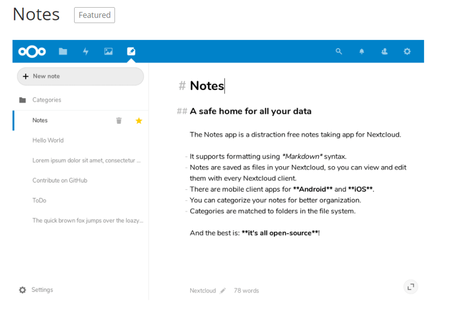Capture d’écran de Notes dans la base de données des applications Nextcloud