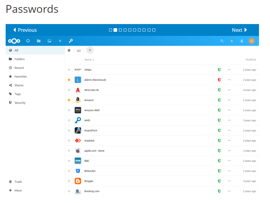 Capture d’écran de Passwords sur le site Web de Nextcloud