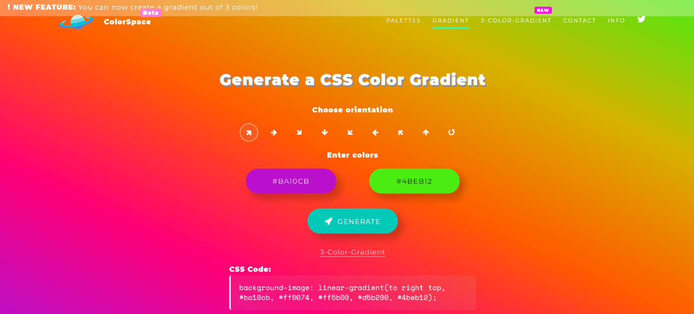 Capture d’écran du générateur de dégradé CSS sur le site ColorSpace avec un dégradé violet et vert