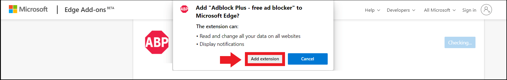 Installation d’Adblock Plus depuis la page des modules complémentaires Edge