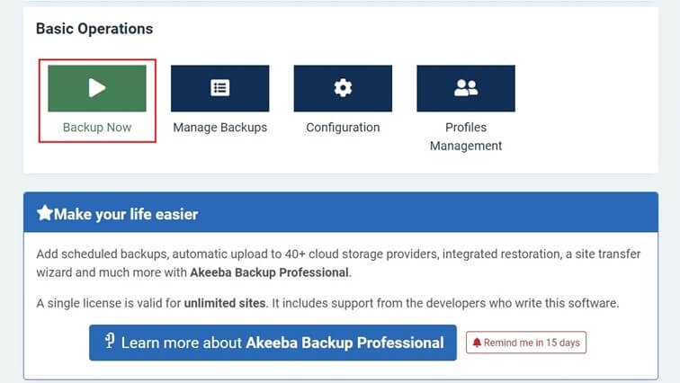 Akeeba Backup : menu dans le backend Joomla