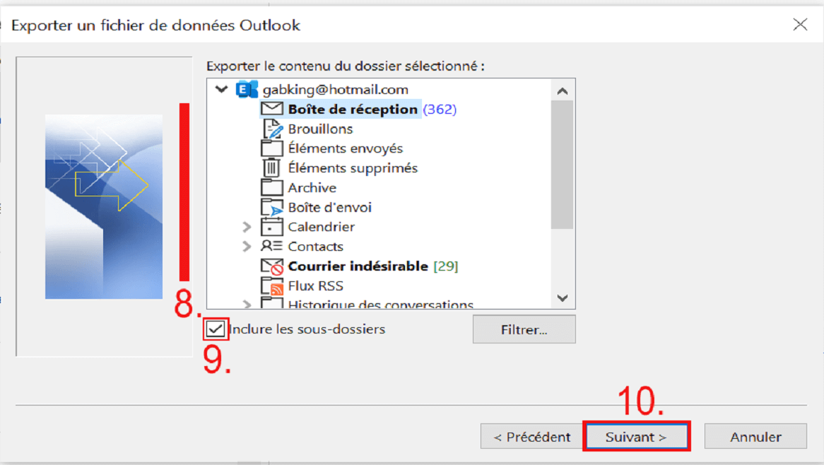 Assistant d’importation et exportation Outlook : choix du dossier pour l’export Assistant d’importation et exportation Outlook : choix du dossier pour l’export