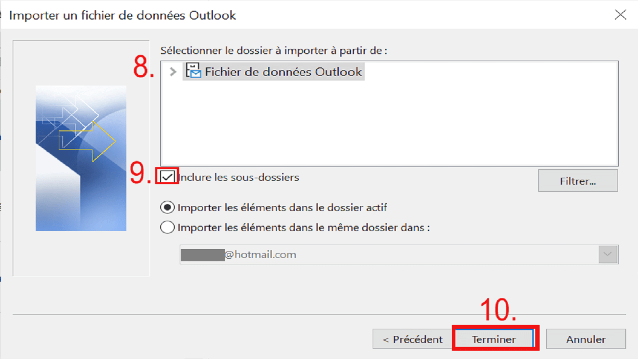 Assistant d’importation et exportation Outlook : sélection du dossier à importer Assistant d’importation et exportation Outlook : sélection du dossier à importer