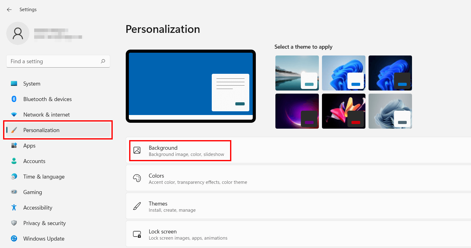 Menu « Personnalisation » de Windows 11
