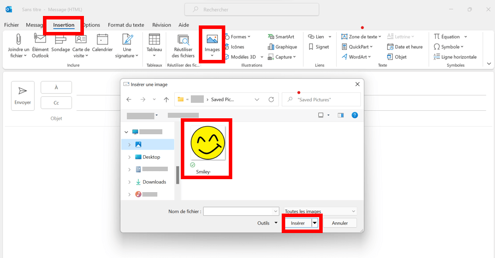 Capture d’écran d’Outlook 2021 : menu pour l’import des images