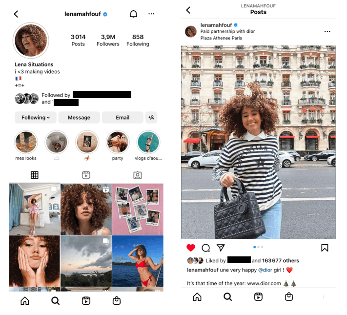 Capture d’écran de la page Instagram de Léna Mahfouf et d’un contenu sponsorisé pour Dior