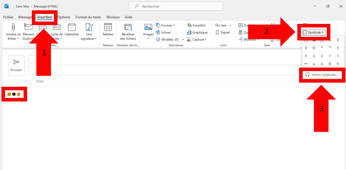 Capture d’écran des options d’icônes dans le menu "Insérer" d’Outlook 2021