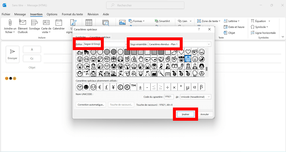 Capture d’écran du menu « Symbole » dans Outlook 2021