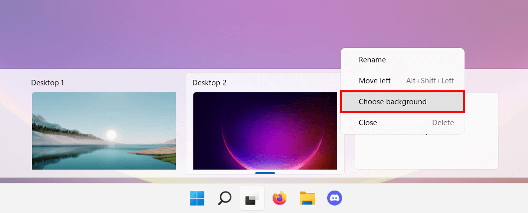 Option de menu « Sélectionner un arrière-plan » dans le gestionnaire des bureaux virtuels de Windows 11