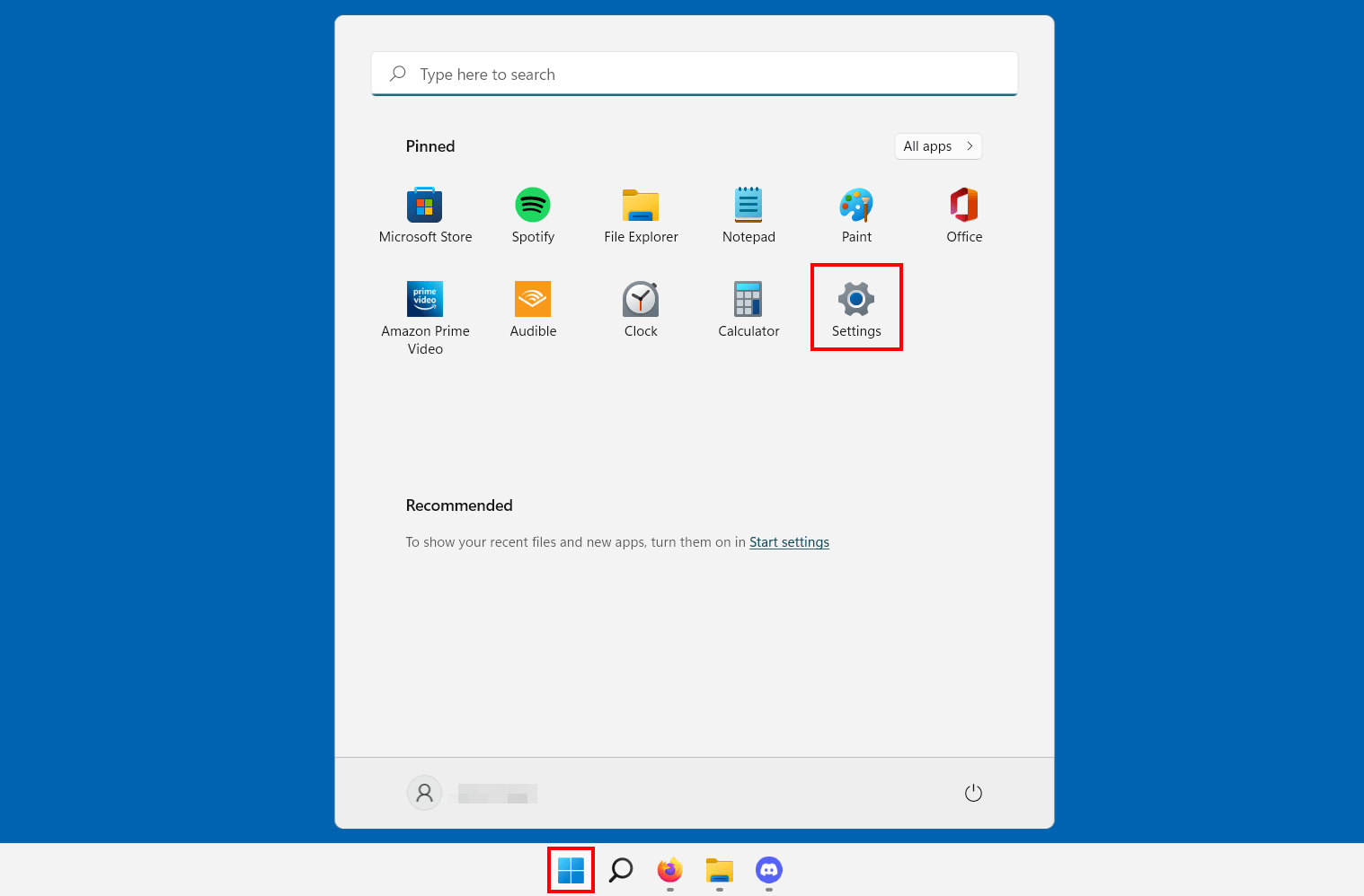 « Paramètres » dans le menu Démarrer de Windows 11