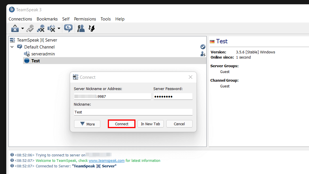 Connexion au serveur TeamSpeak configuré