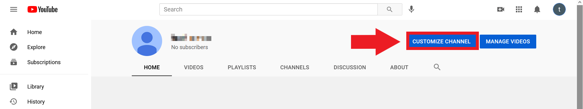 Bouton « Personnaliser la chaîne » dans le menu de la chaîne YouTube