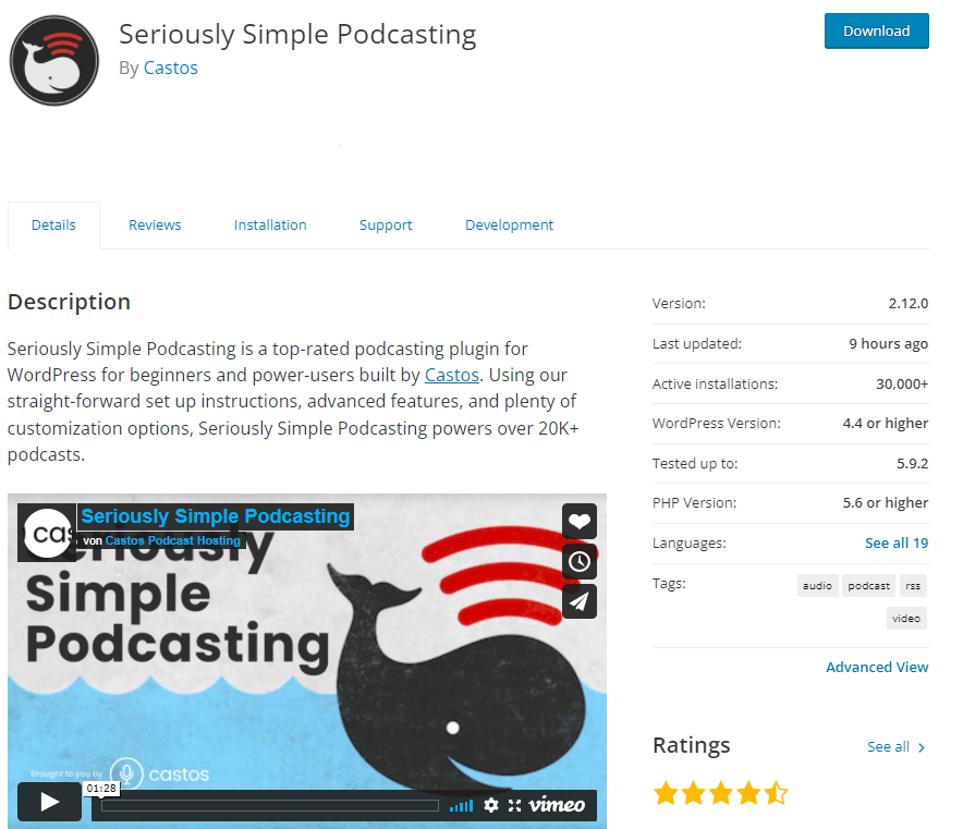 Description du plugin Seriously Simple Podcasting proposé par WordPress