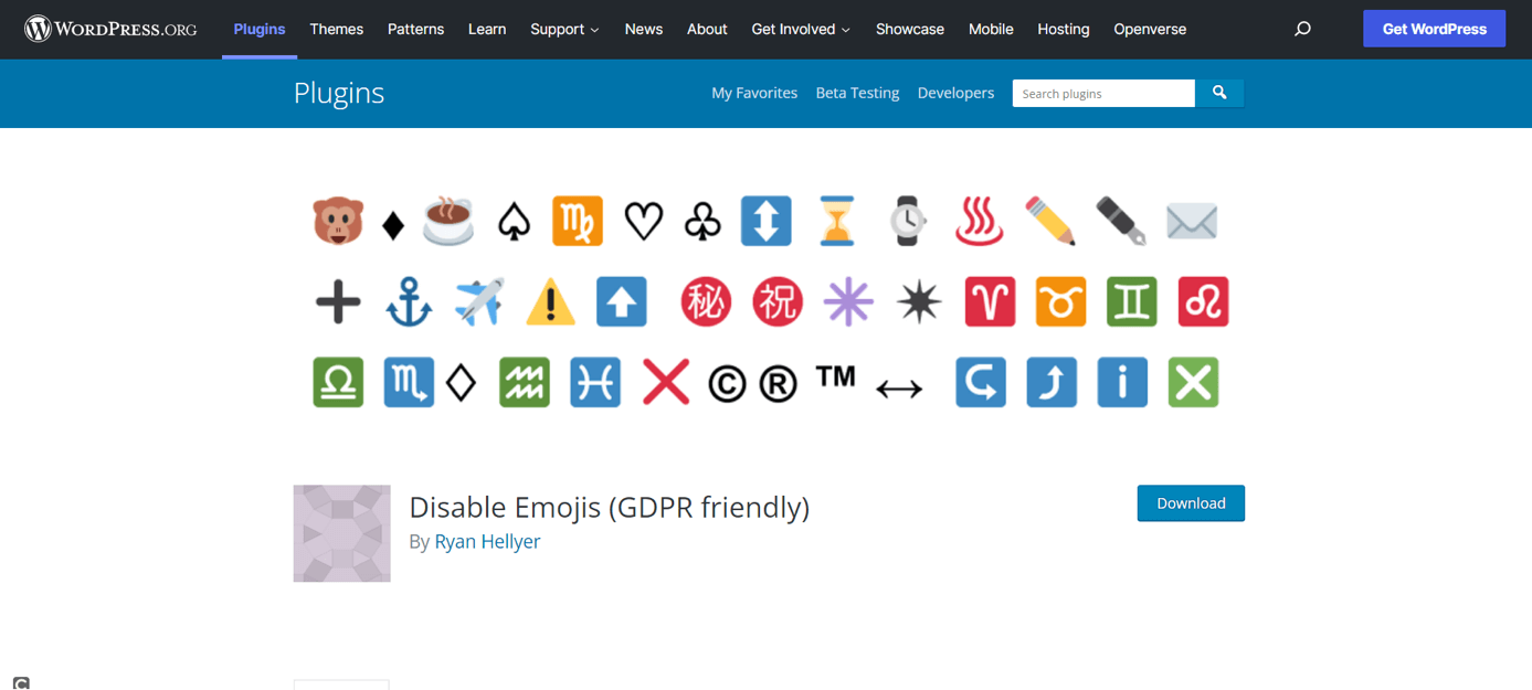 Page d’accueil du plugin Disable Emojis