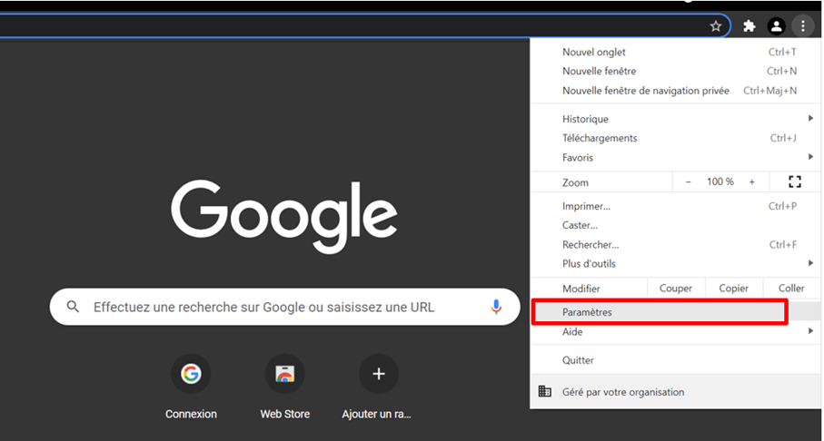 Chrome : élément « Paramètres » dans le menu rapide