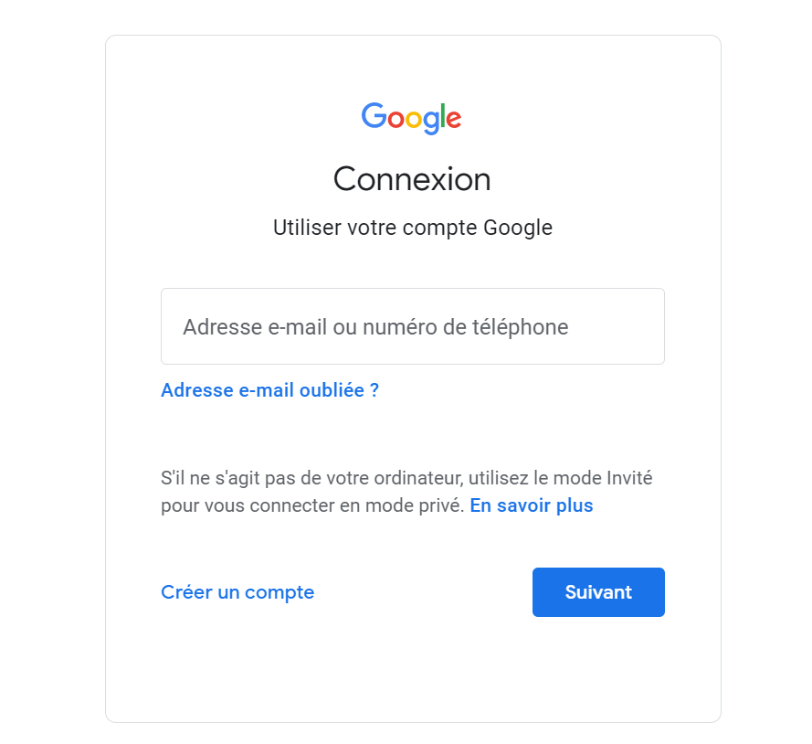 Zone de connexion au compte Google