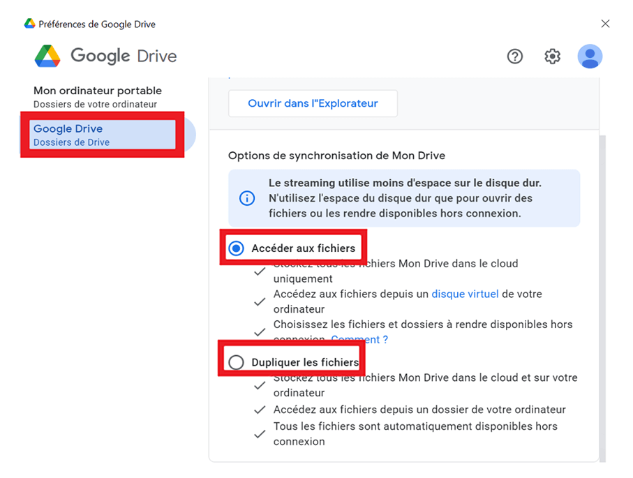 Cliquez sur Google Drive et choisissez une option de synchronisation pour vos fichiers dans la section « Mes Documents »