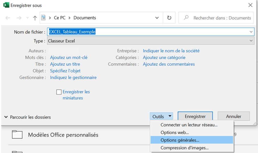 Excel pour Windows : bouton « Outils » dans la boîte de dialogue d’enregistrement