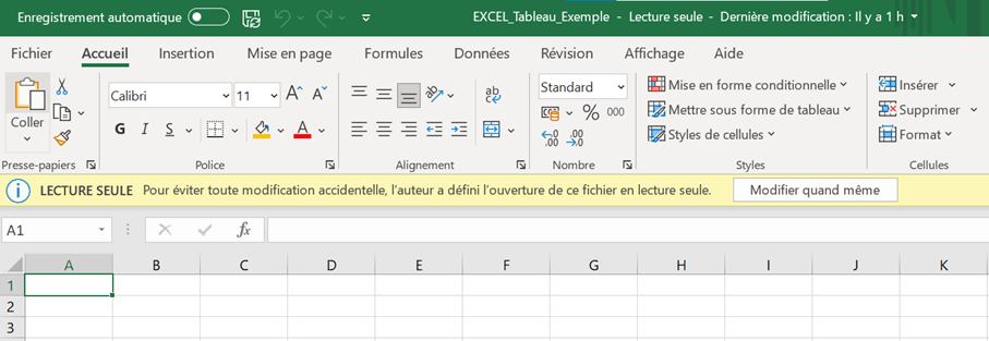 Lecture seule recommandée dans Excel, ouverture d’un fichier Excel en lecture seule