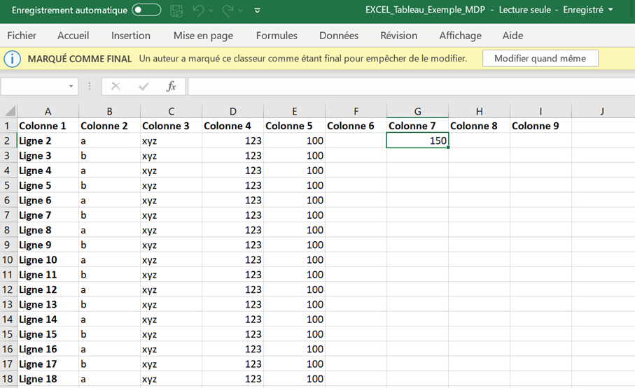 Barre d’état : fichier Excel marqué comme final