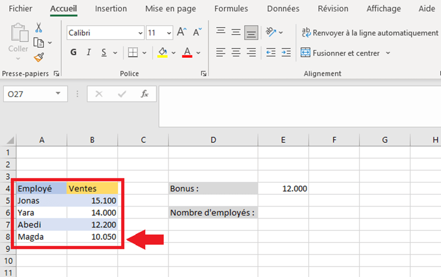 Exemple d’application 2 de la fonction EQUIVX : tableau Excel avec des valeurs à examiner