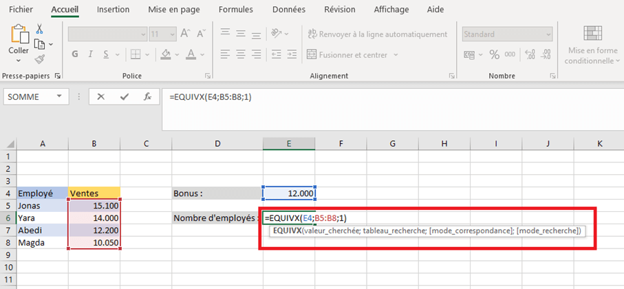 Exemple d’application 2 de la fonction EXQUIVX : réglage de la matrice de recherche