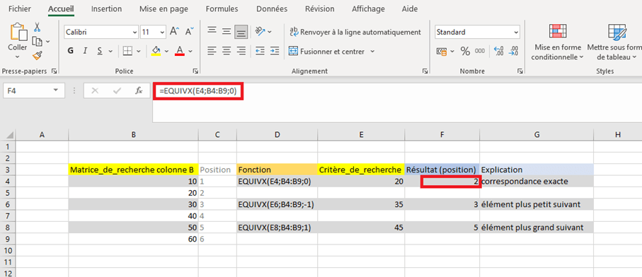 Exemple d’application EQUIVX dans un classeur Excel