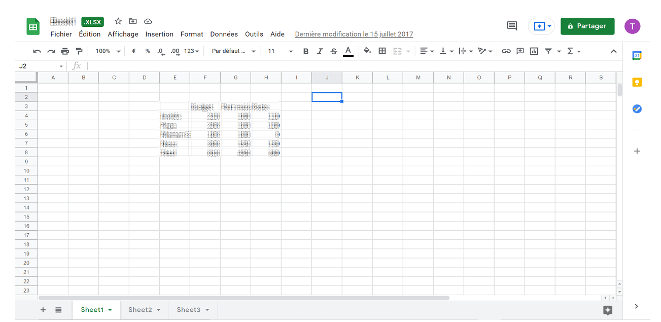 Feuille de calcul Excel ouverte dans Google Sheets