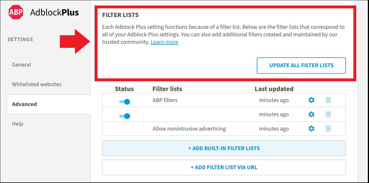 Listes de filtrage pour le blocage de publicités dans Adblock Plus