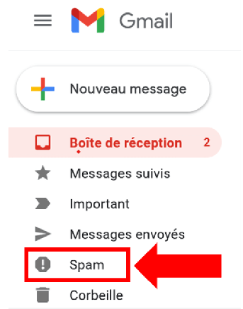 Capture d’écran de l’accès au dossier « Spam » dans Gmail