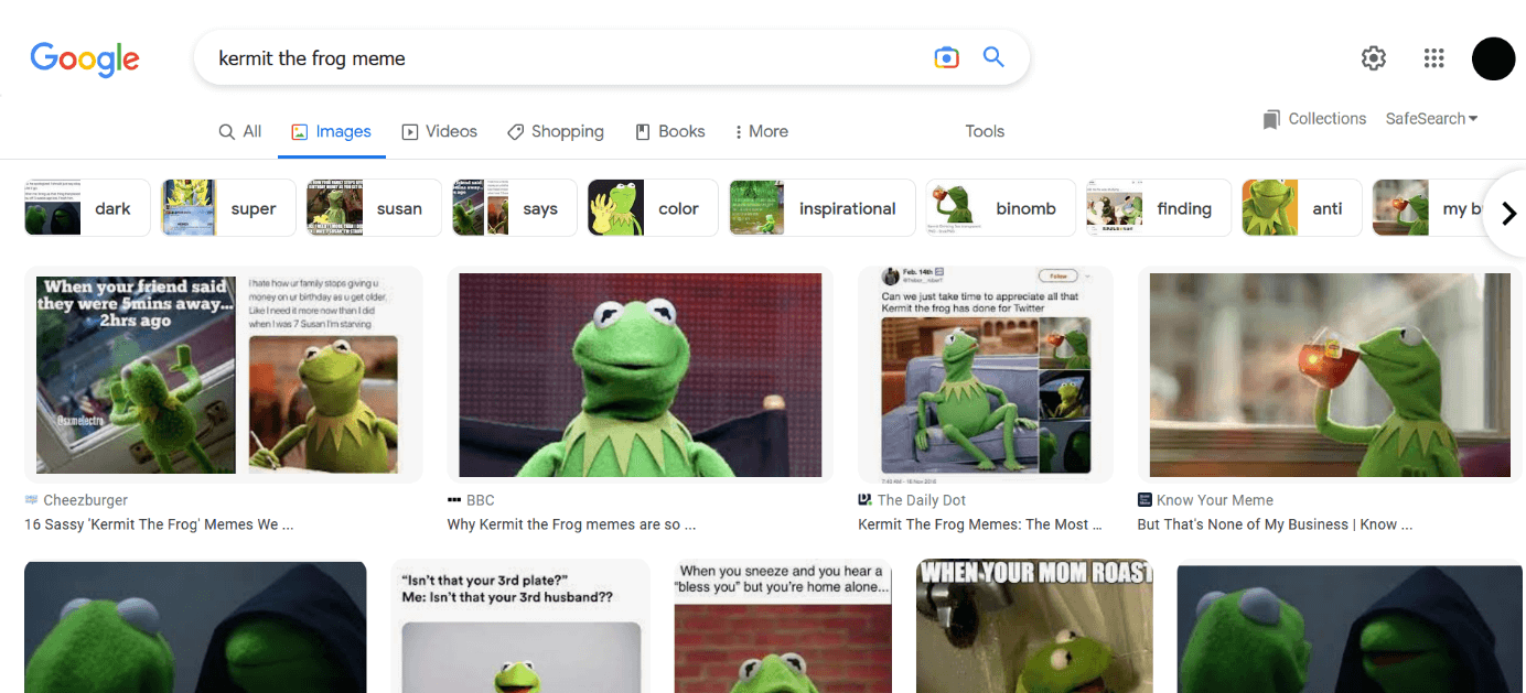 Capture d’écran d’une recherche Google pour « kermit the frog meme »