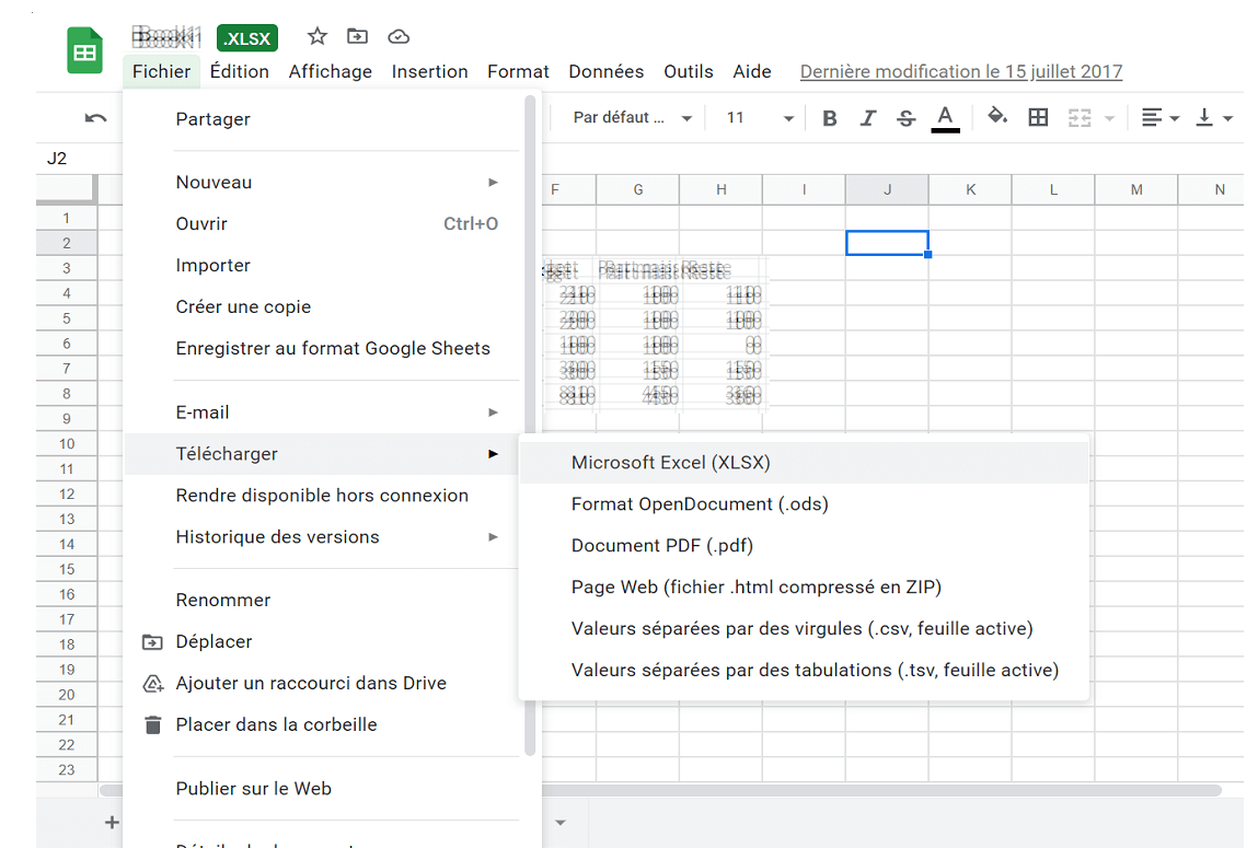 Google Sheets : téléchargement de la feuille de calcul Excel modifiée