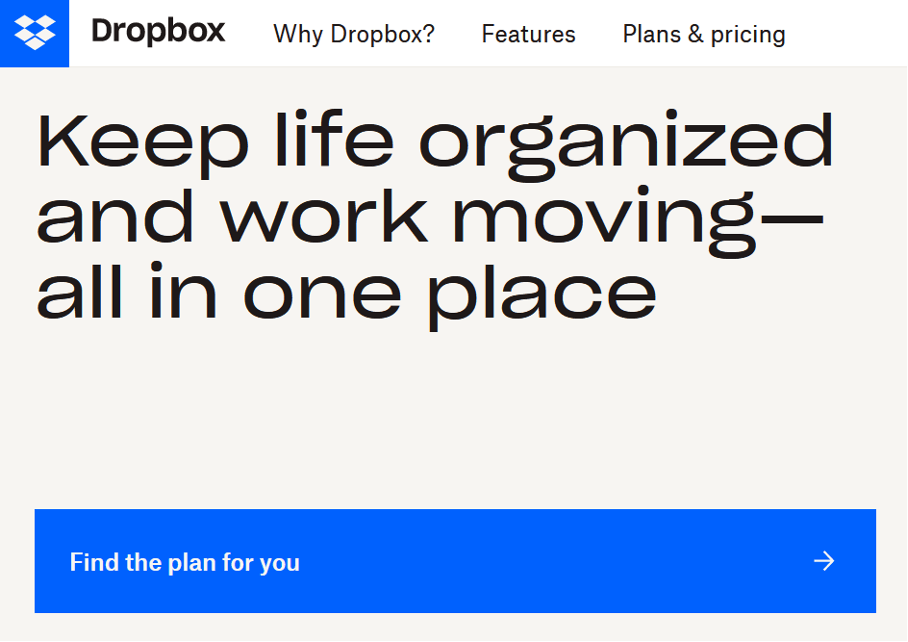 Page d’accueil de Dropbox, le service de stockage dans le Cloud