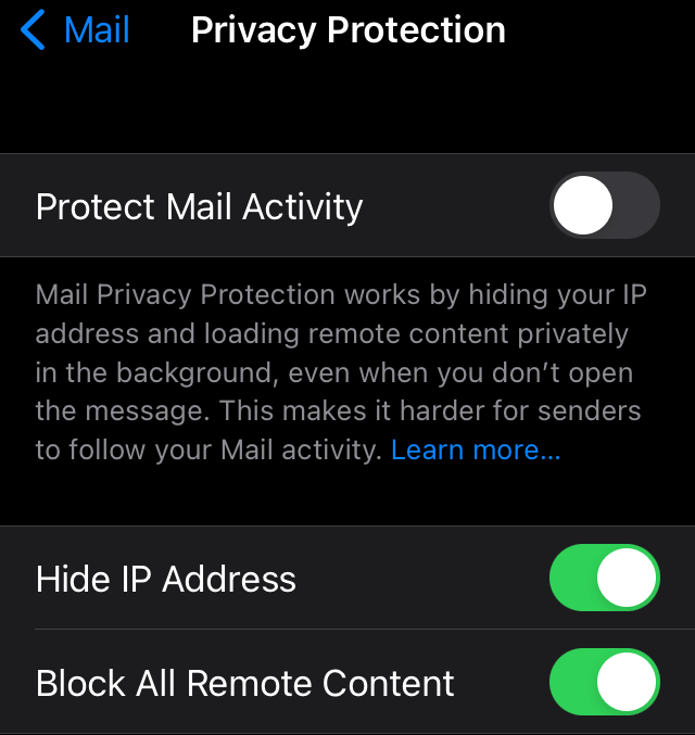 Réglages de l’iPhone pour la protection de la confidentialité des emails
