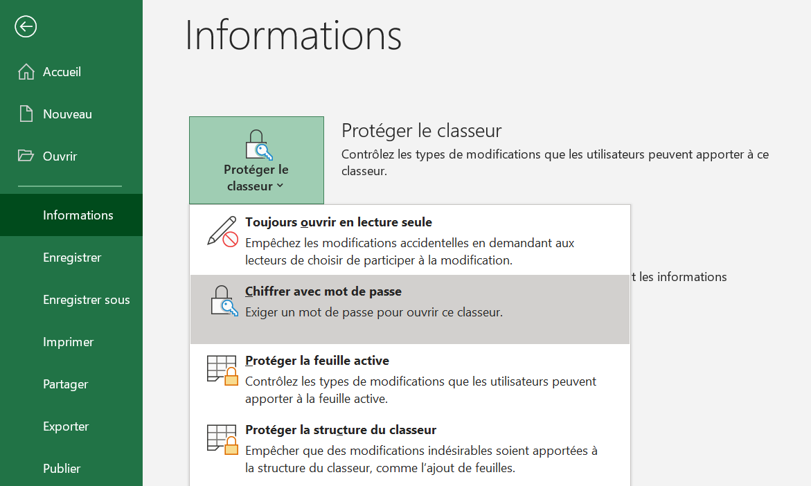 Illustration du menu « Fichier » > « Informations » > « Protéger le classeur »