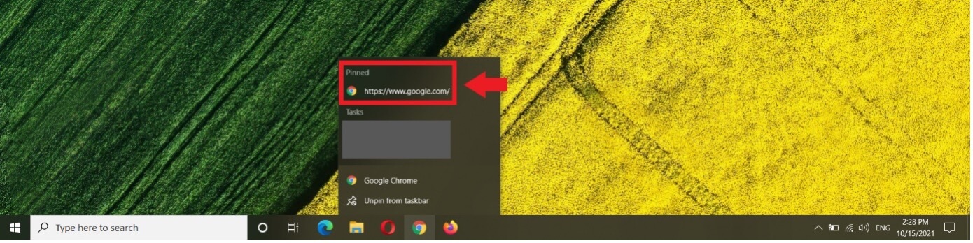 Lien épinglé dans le menu du clic droit de l’icône de Google Chrome dans la barre des tâches