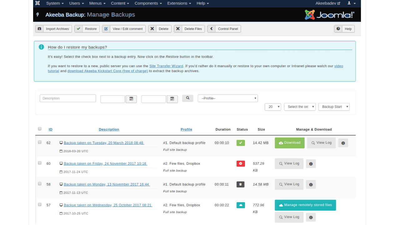 Capture d’écran d’une liste proposant différentes sauvegardes dans Akeeba Backup Manager